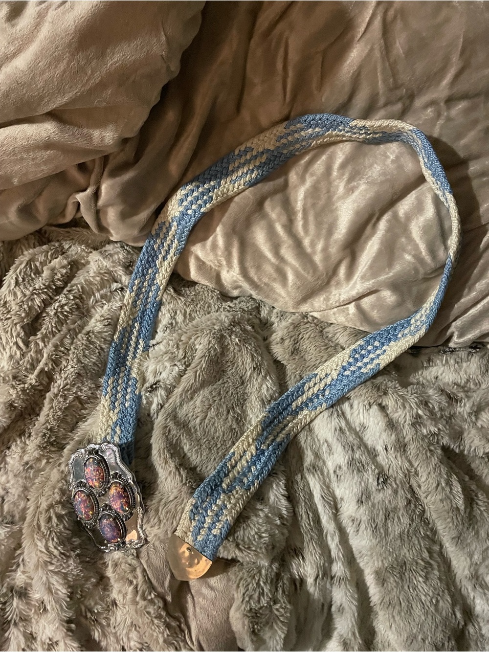 Handwoven Blue and Cream Beaded Belt with Decorative Buckle
